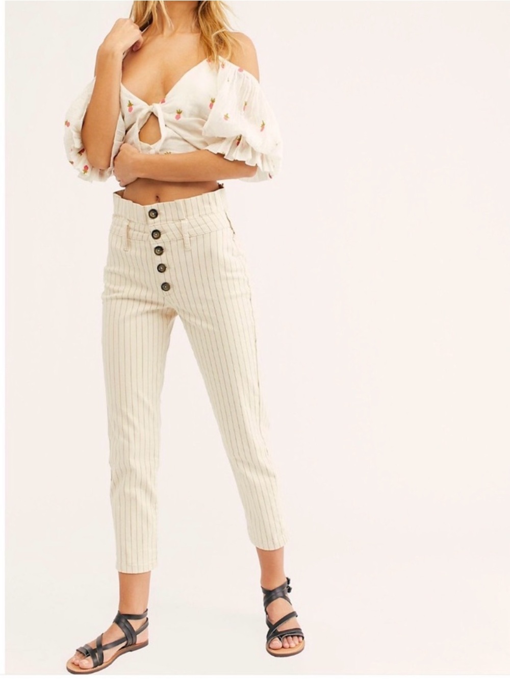 Free People Montella Cream And Brown Pinstripe High Rise Paper Bag Jeans